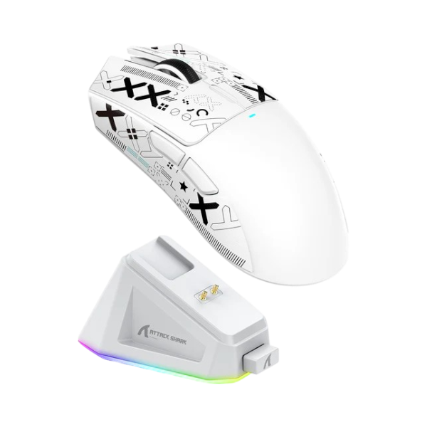 ATTACK SHARK X11 white wireless gaming mouse with RGB lighting and magnetic charging dock.