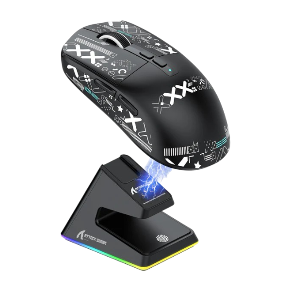 ATTACK SHARK X6 black gaming mouse with tri-mode connectivity and magnetic charging dock.