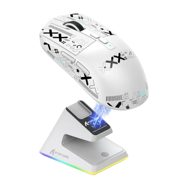 ATTACK SHARK X6 white gaming mouse with tri-mode connection and magnetic charging dock.